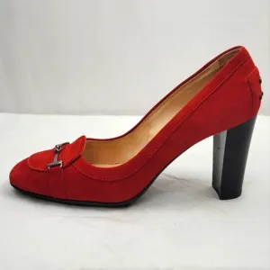 Tod's Logo Red Suede Block Heels Pumps Size 38