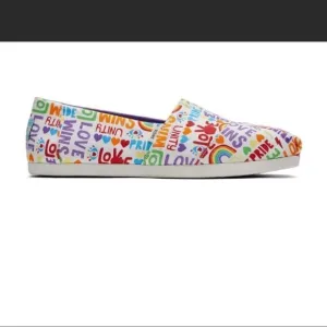 𝅺TOMS Belmont white multi unity print slip ons sneakers size 9M  pride r…