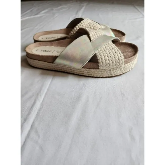 TOMS Women's Paloma Leather &amp; Rope Crossover Flat Sandals Slides Silver Size W9