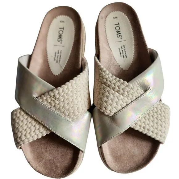 TOMS Women's Paloma Leather &amp; Rope Crossover Flat Sandals Slides Silver Size W9