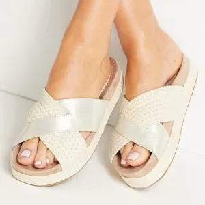 TOMS Women's Paloma Leather &amp; Rope Crossover Flat Sandals Slides Silver Size W9