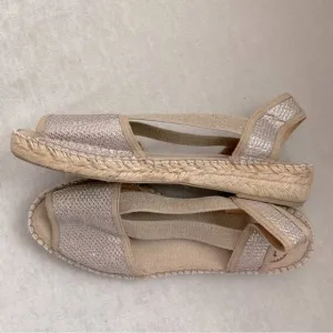 Toni Pons Origins Tan Silver Metallic Peep To Sling Back Espadrille Sandals 41
