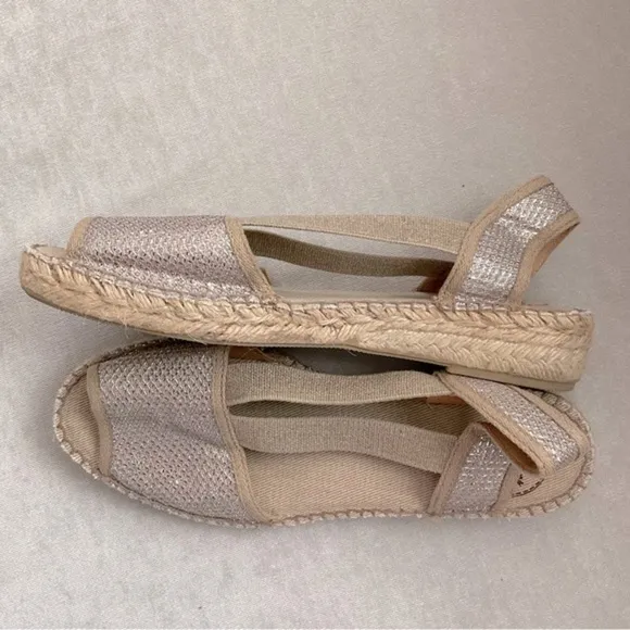 Toni Pons Origins Tan Silver Metallic Peep To Sling Back Espadrille Sandals 41