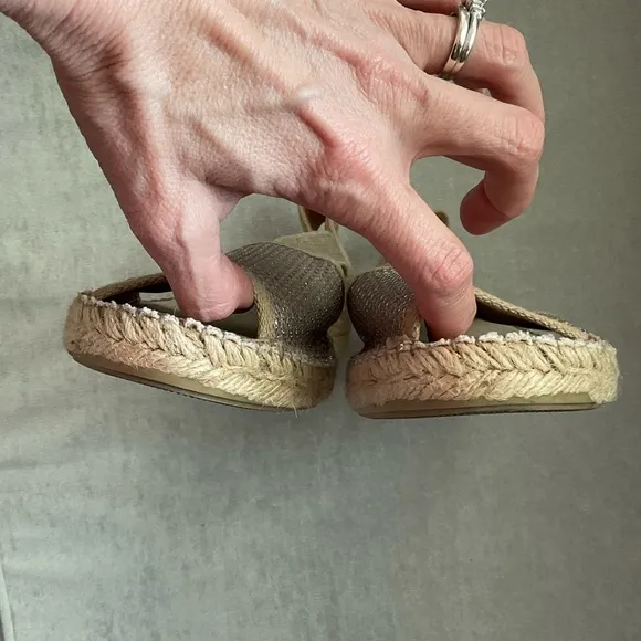 Toni Pons Origins Tan Silver Metallic Peep To Sling Back Espadrille Sandals 41