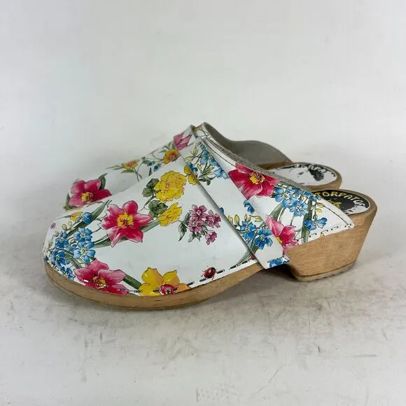 Torpatoffeln Clogs Women 6.5 White Floral Leather Comfort Molded Footbed Slip-On