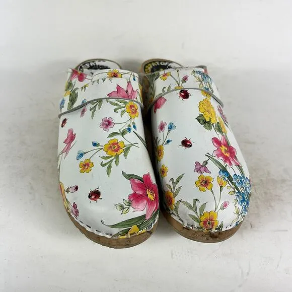 Torpatoffeln Clogs Women 6.5 White Floral Leather Comfort Molded Footbed Slip-On