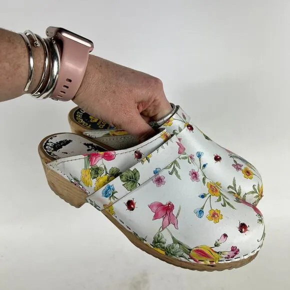 Torpatoffeln Clogs Women 6.5 White Floral Leather Comfort Molded Footbed Slip-On