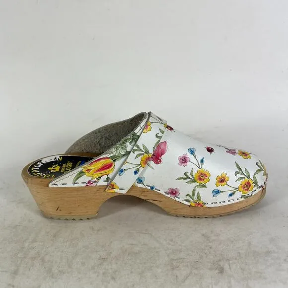 Torpatoffeln Clogs Women 6.5 White Floral Leather Comfort Molded Footbed Slip-On