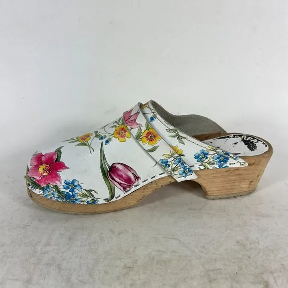 Torpatoffeln Clogs Women 6.5 White Floral Leather Comfort Molded Footbed Slip-On