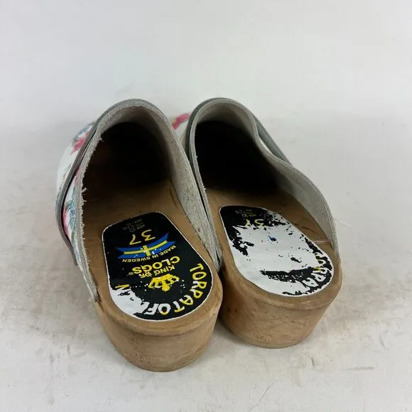 Torpatoffeln Clogs Women 6.5 White Floral Leather Comfort Molded Footbed Slip-On