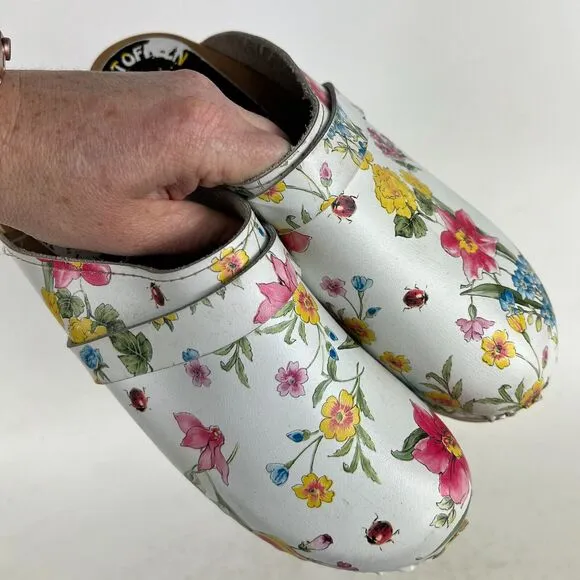 Torpatoffeln Clogs Women 6.5 White Floral Leather Comfort Molded Footbed Slip-On