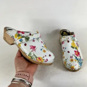 Torpatoffeln Clogs Women 6.5 White Floral Leather Comfort Molded Footbed Slip-On