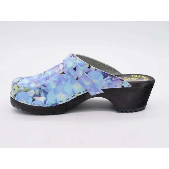 Torpatoffeln Clogs Womens 6 Blue Leather Hydrangea Mule Round Toe Slip On EU 36