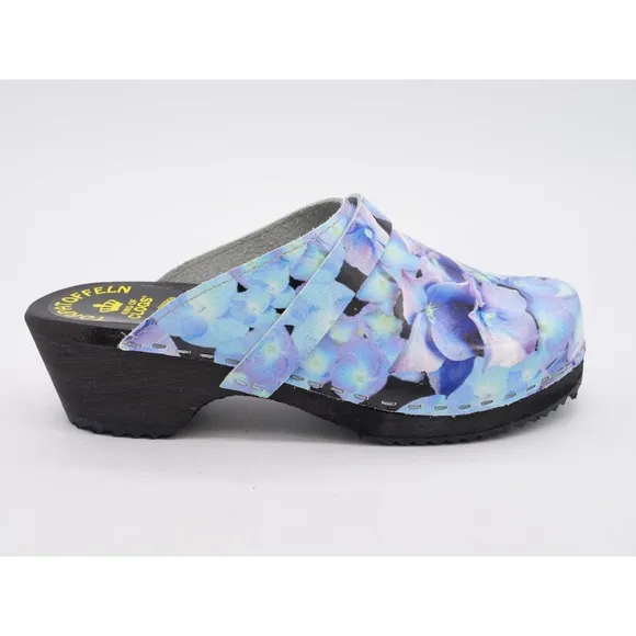 Torpatoffeln Clogs Womens 6 Blue Leather Hydrangea Mule Round Toe Slip On EU 36