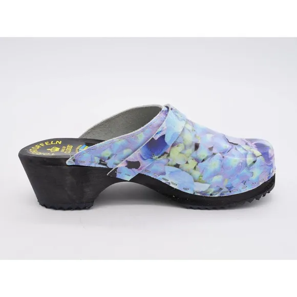 Torpatoffeln Clogs Womens 6 Blue Leather Hydrangea Mule Round Toe Slip On EU 36