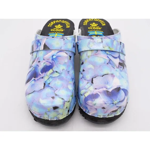 Torpatoffeln Clogs Womens 6 Blue Leather Hydrangea Mule Round Toe Slip On EU 36