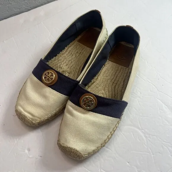 Tory Burch Beacher‎ Canvas Espadrille Flat, Ivory/Newport Navy Size 9