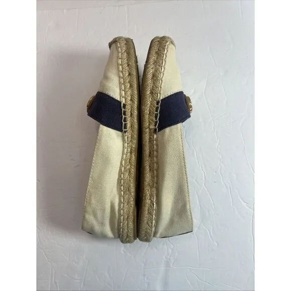 Tory Burch Beacher‎ Canvas Espadrille Flat, Ivory/Newport Navy Size 9