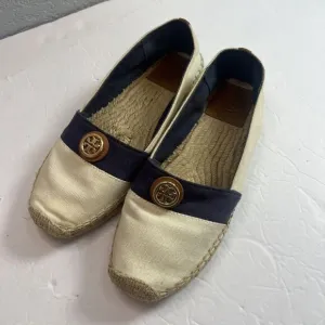 Tory Burch Beacher‎ Canvas Espadrille Flat, Ivory/Newport Navy Size 9