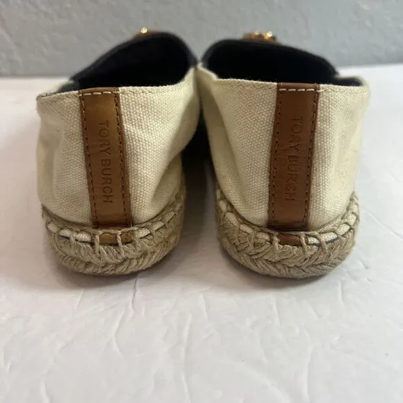 Tory Burch Beacher‎ Canvas Espadrille Flat, Ivory/Newport Navy Size 9