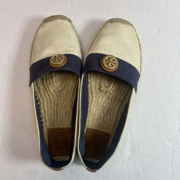 Tory Burch Beacher‎ Canvas Espadrille Flat, Ivory/Newport Navy Size 9