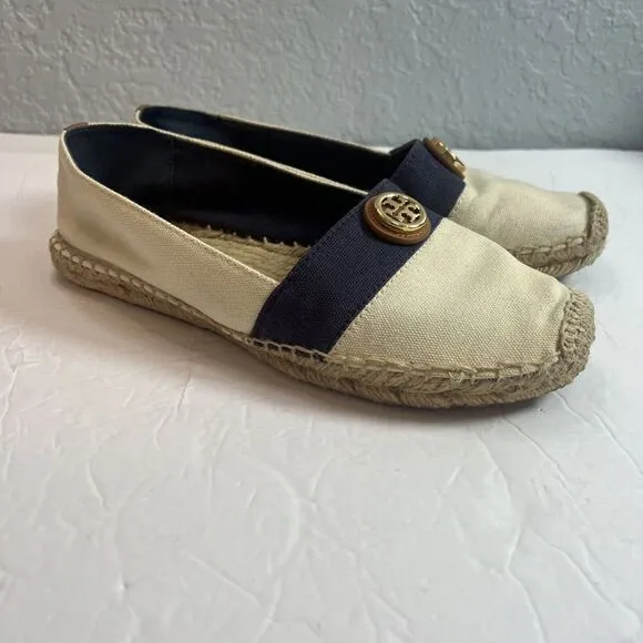 Tory Burch Beacher‎ Canvas Espadrille Flat, Ivory/Newport Navy Size 9