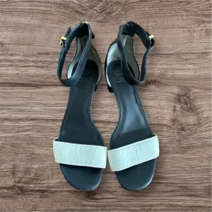 Tory Burch Black &amp; Cream Ankle Strap Leather High Heel Block Size 9 M Gold Trim