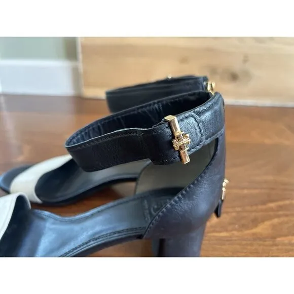 Tory Burch Black &amp; Cream Ankle Strap Leather High Heel Block Size 9 M Gold Trim