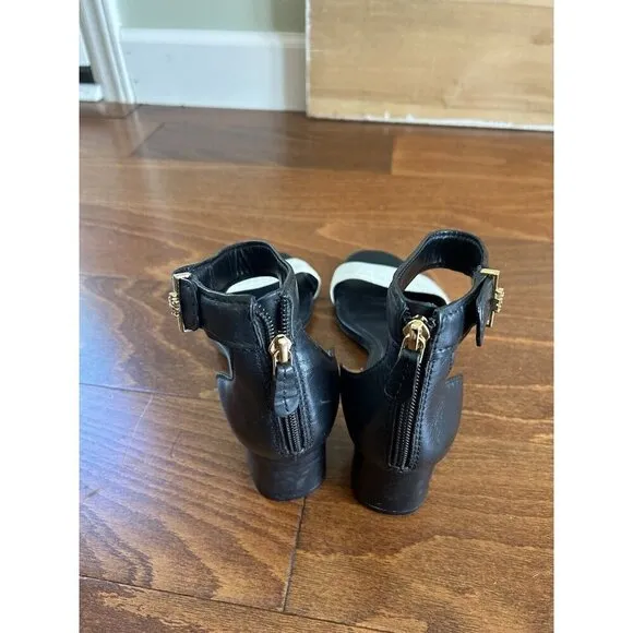 Tory Burch Black &amp; Cream Ankle Strap Leather High Heel Block Size 9 M Gold Trim