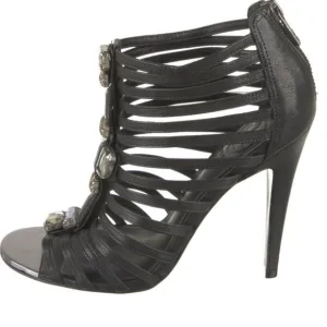 TORY BURCH BLACK LEATHER CRYSTAL EMBELLISHMENT OPEN TOE HEELS SIZE 9