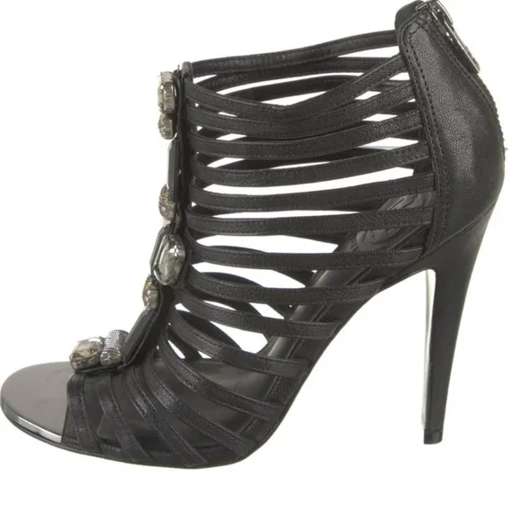 TORY BURCH BLACK LEATHER CRYSTAL EMBELLISHMENT OPEN TOE HEELS SIZE 9