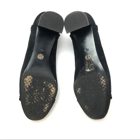 Tory Burch black suede leather stud Colt low block heels pumps 7 chunky slip-on