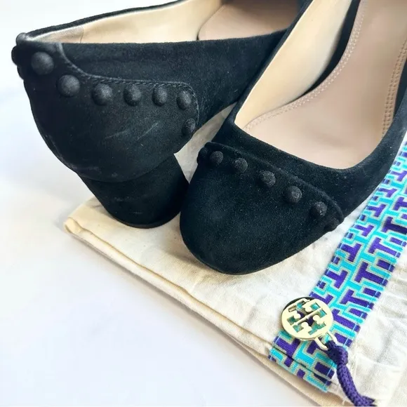 Tory Burch black suede leather stud Colt low block heels pumps 7 chunky slip-on