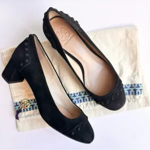 Tory Burch black suede leather stud Colt low block heels pumps 7 chunky slip-on