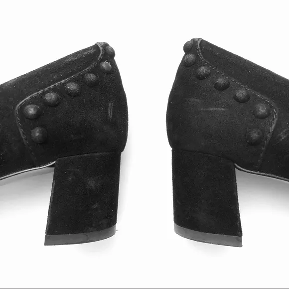 Tory Burch black suede leather stud Colt low block heels pumps 7 chunky slip-on