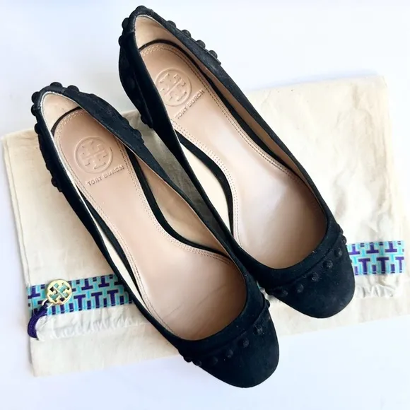 Tory Burch black suede leather stud Colt low block heels pumps 7 chunky slip-on