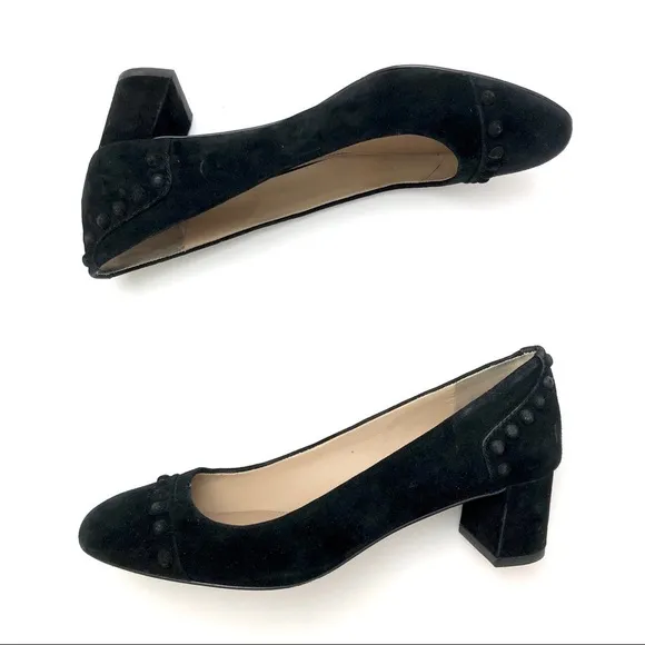 Tory Burch black suede leather stud Colt low block heels pumps 7 chunky slip-on