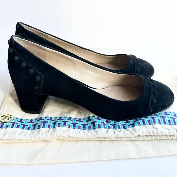 Tory Burch black suede leather stud Colt low block heels pumps 7 chunky slip-on