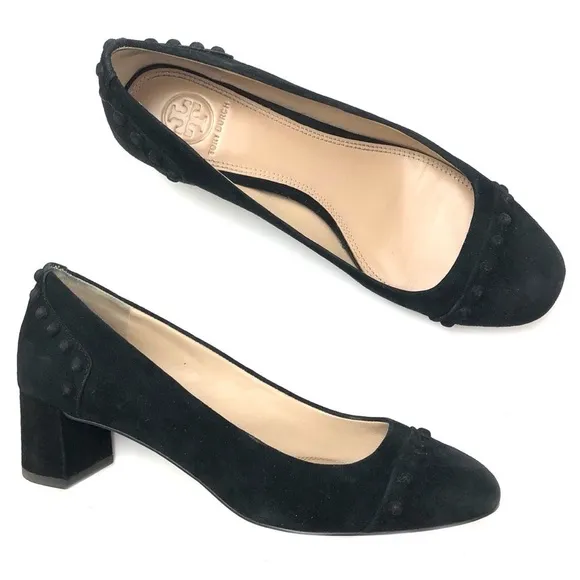 Tory Burch black suede leather stud Colt low block heels pumps 7 chunky slip-on