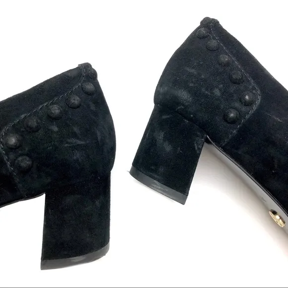 Tory Burch black suede leather stud Colt low block heels pumps 7 chunky slip-on