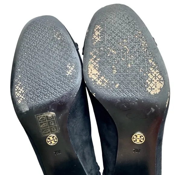 Tory Burch black suede leather stud Colt low block heels pumps 7 chunky slip-on