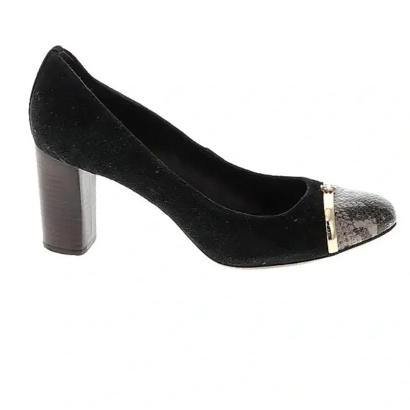Tory Burch | Black Suede Snakeskin Cap Pacey Block Heels Size 9.5