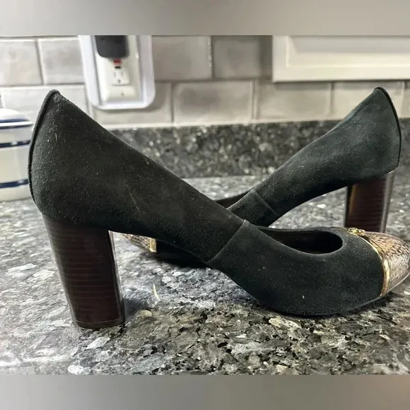 Tory Burch | Black Suede Snakeskin Cap Pacey Block Heels Size 9.5