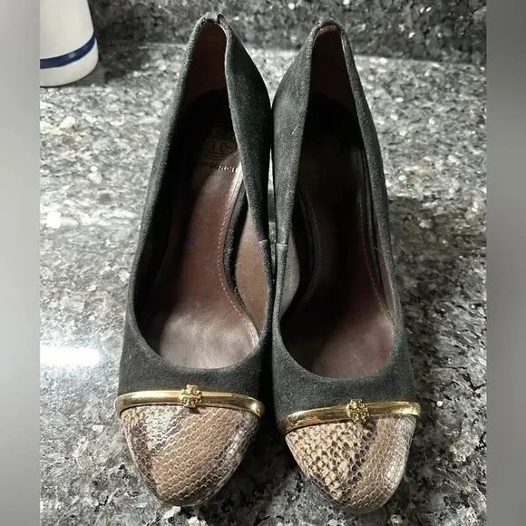 Tory Burch | Black Suede Snakeskin Cap Pacey Block Heels Size 9.5