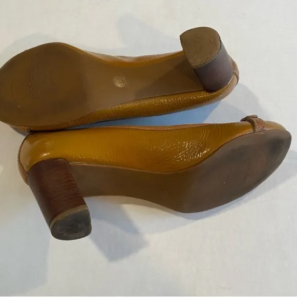 Tory Burch Brown Leather Block Heel Pumps