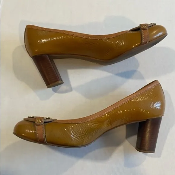Tory Burch Brown Leather Block Heel Pumps