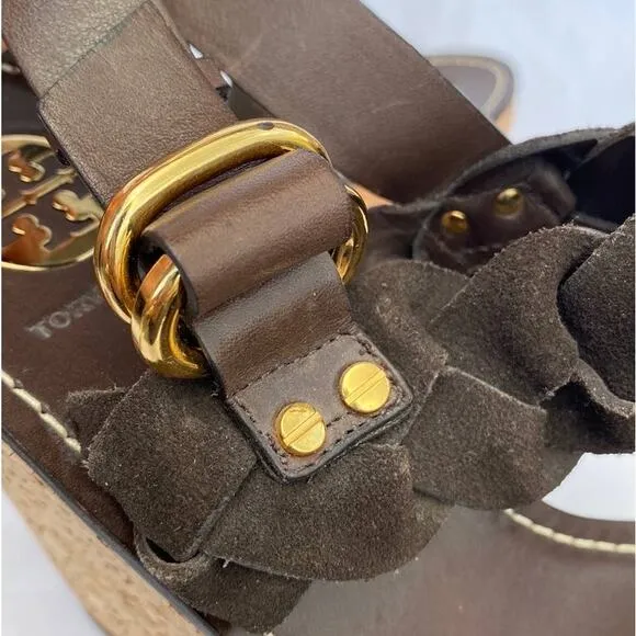 Tory Burch Brown Leather Braided Strap Open Toe Ankle Strap Wedge Sandal 10.5M
