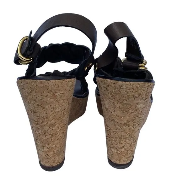 Tory Burch Brown Leather Braided Strap Open Toe Ankle Strap Wedge Sandal 10.5M