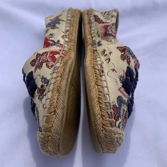 Tory Burch Elisa Logo Floral Espadrille Flats Cream Navy Beaded Size 6.5‎ US
