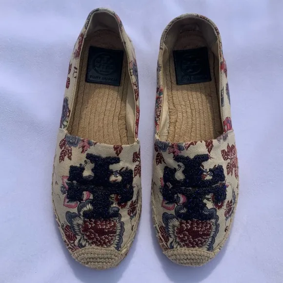 Tory Burch Elisa Logo Floral Espadrille Flats Cream Navy Beaded Size 6.5‎ US